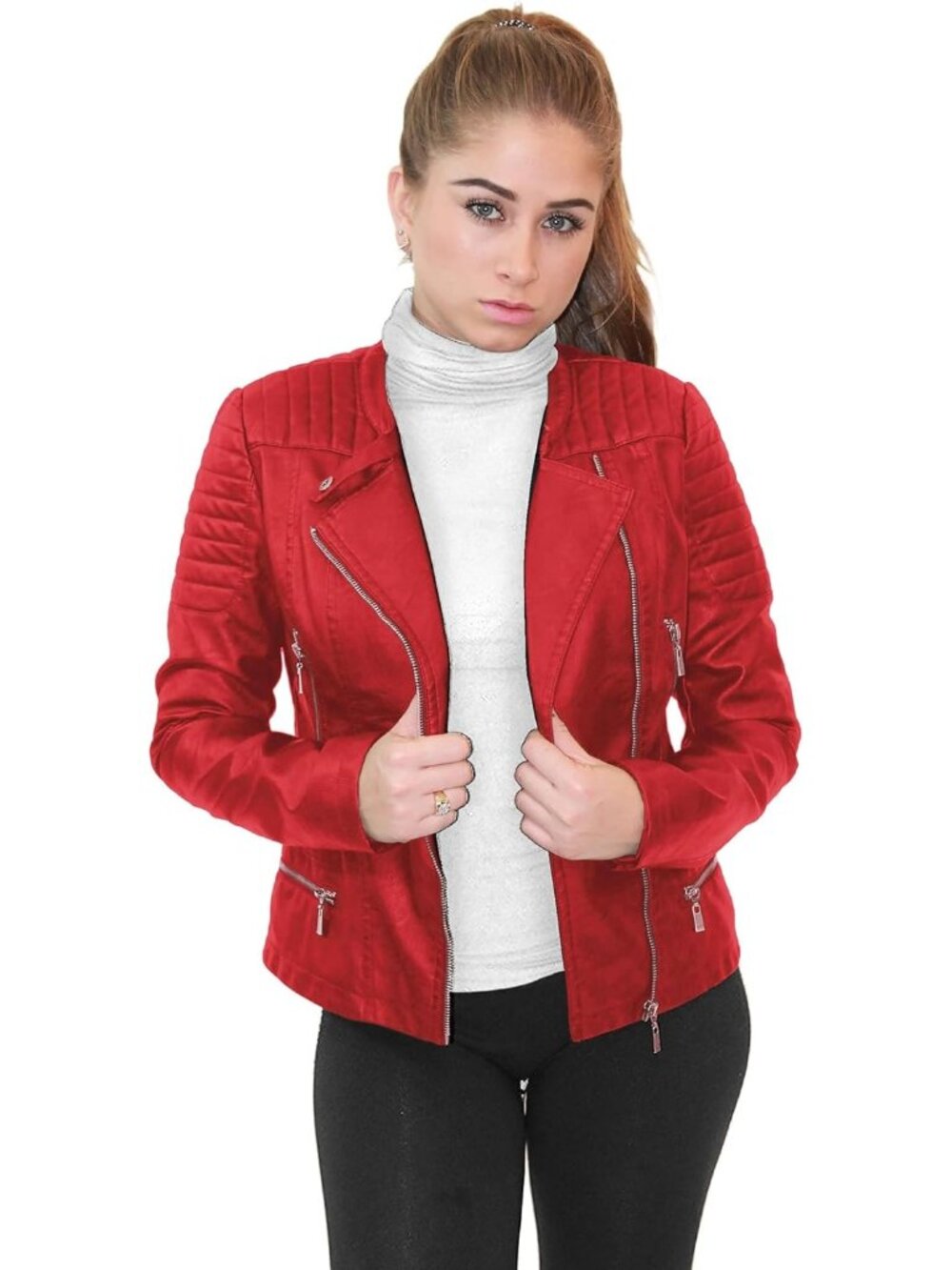 Women's Elegant Faux Leather Zip Up Moto Biker Jacket Zipper Long Sleeves Red